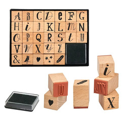 moses. libri_x Stempel-Alphabet &#8211; 32-teiliges Stempel-Set aus Holz, Buchstaben & Schmuckmotive mit Stempelkissen